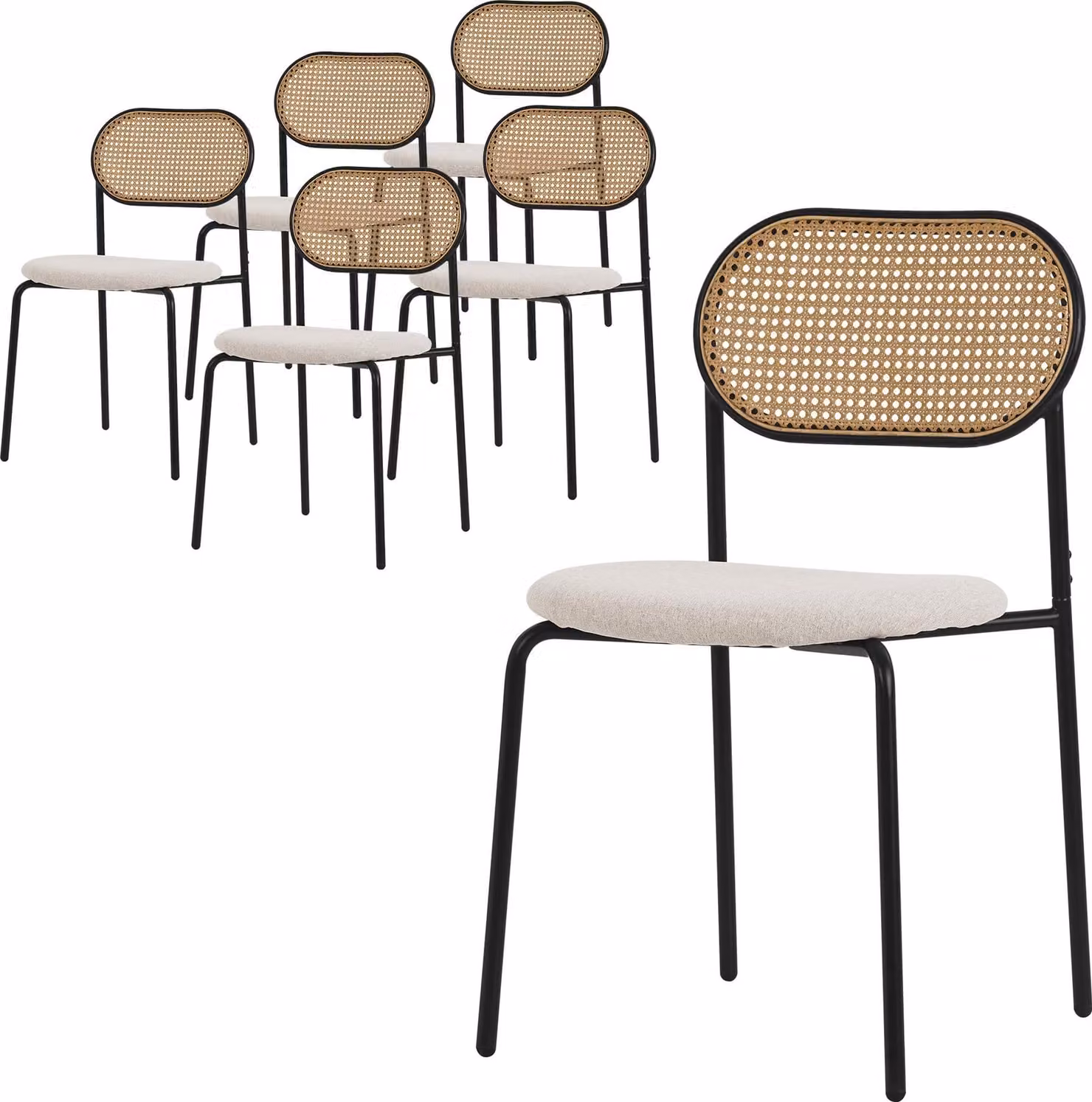 ML-Design set di 6 sedie da pranzo, beige, sedia da cucina con schienale in rattan Sedie imbottite con schienale curvo in rete Sedia in rattan con gambe in metallo