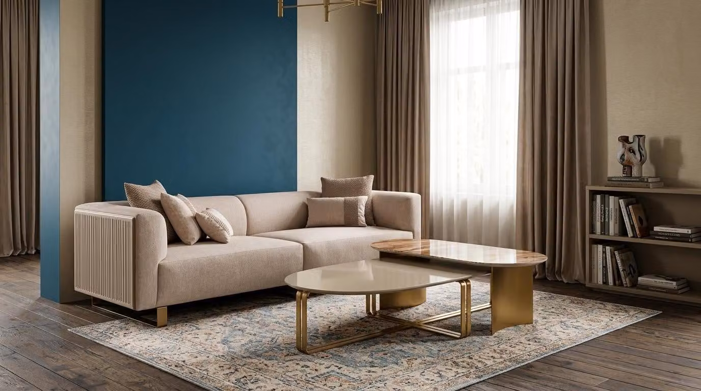 Set di soggiorno divano a tre posti di design e tavolino
