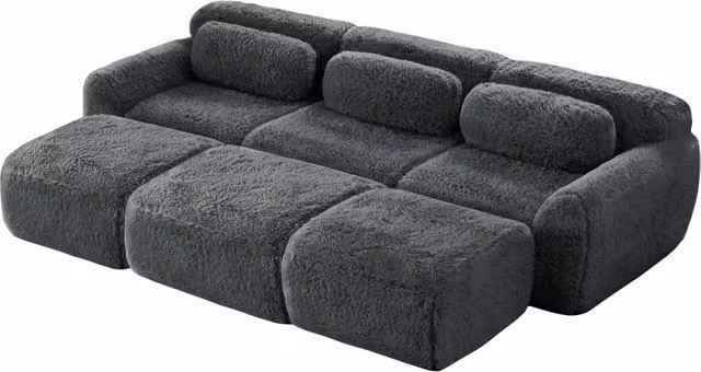 Divano modulare 3 posti Boneless Cloud in tessuto vellutato grigio con 3 pouf