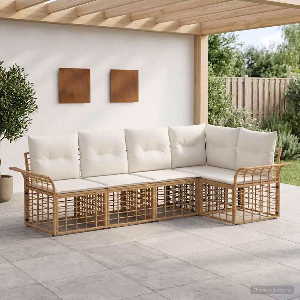 Set di divani da esterno vidaXL a forma di L composto da 5 pezzi, colore marrone e beige, con struttura in metallo e cuscini inclusi per giardino e terrazza