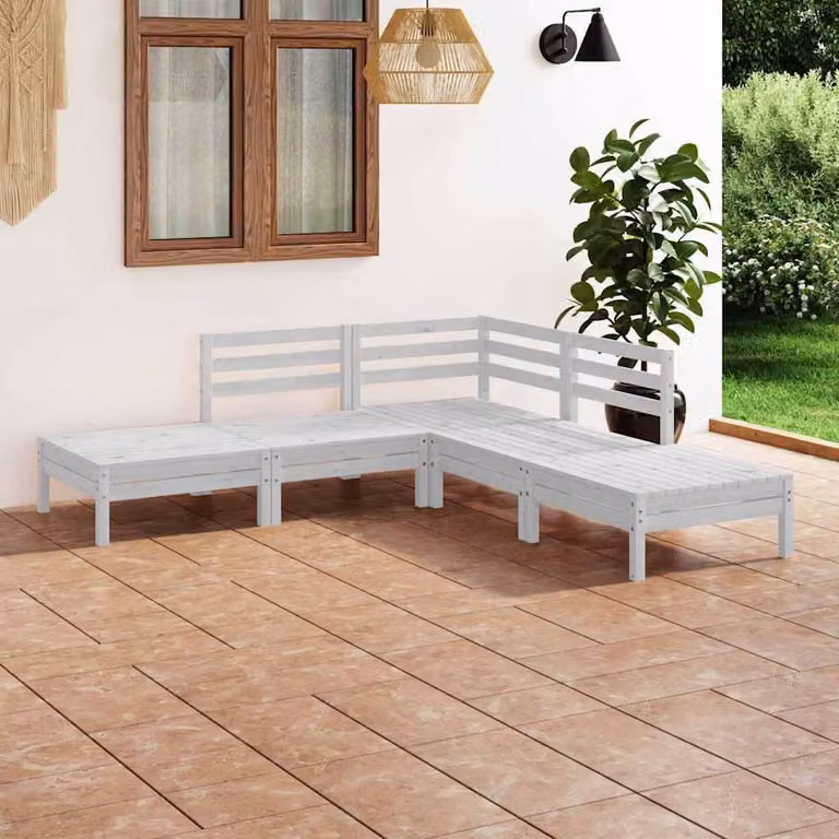 vidaXL Set Salotto da Giardino 5 pz in Legno di Pino Bianco con Forma a L e Ottoman
