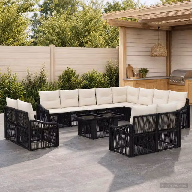 Set Divano da Giardino a Forma di U con Tavolino vidaXL in Polyrattan, 13 Pezzi, Nero e Bianco Crema – 1