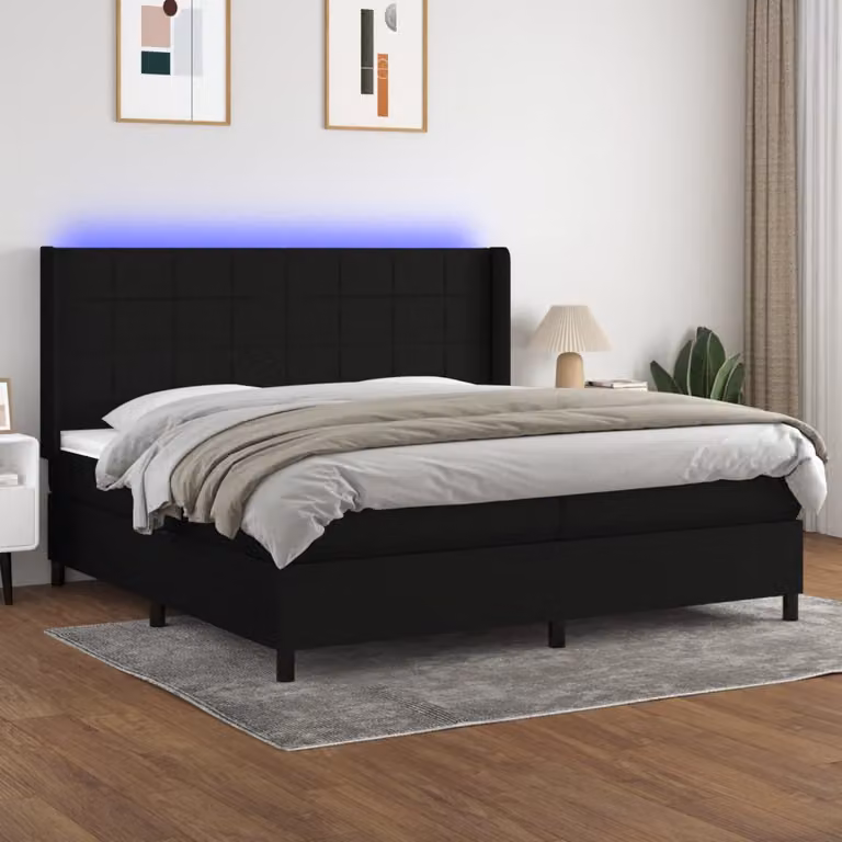 Letto a molle vidaXL con materasso, illuminazione LED sottostante e porta USB, rivestimento in tessuto nero, L/P: 200 x 200 cm