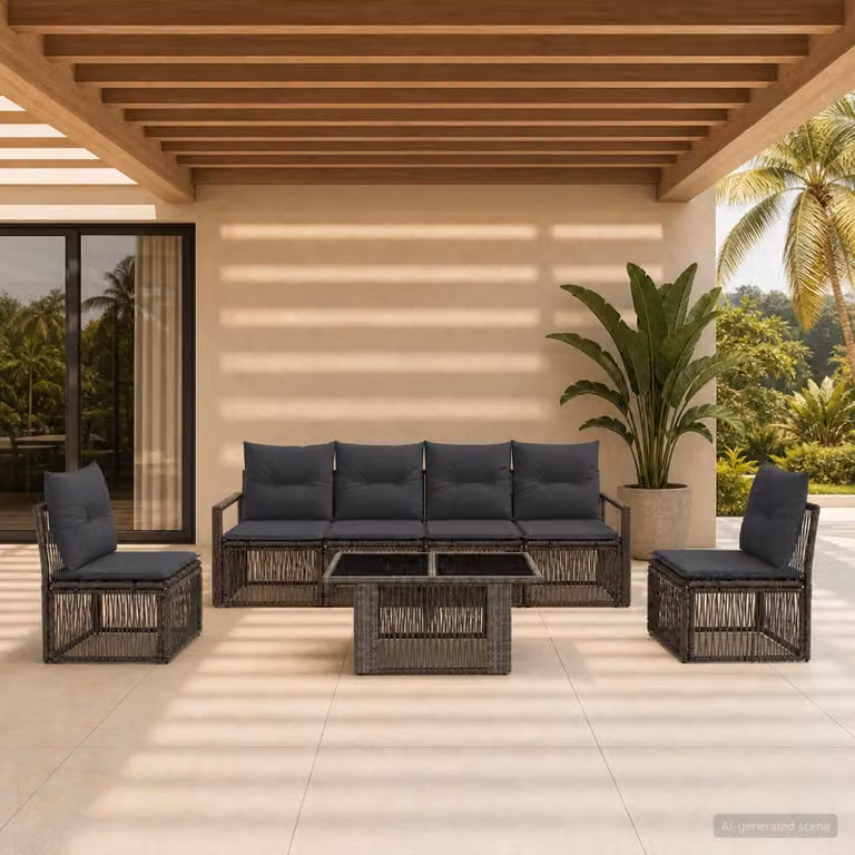 Set Divano da Giardino vidaXL 7 Pezzi in Polyrattan Grigio e Antracite con Tavolino e Cuscini