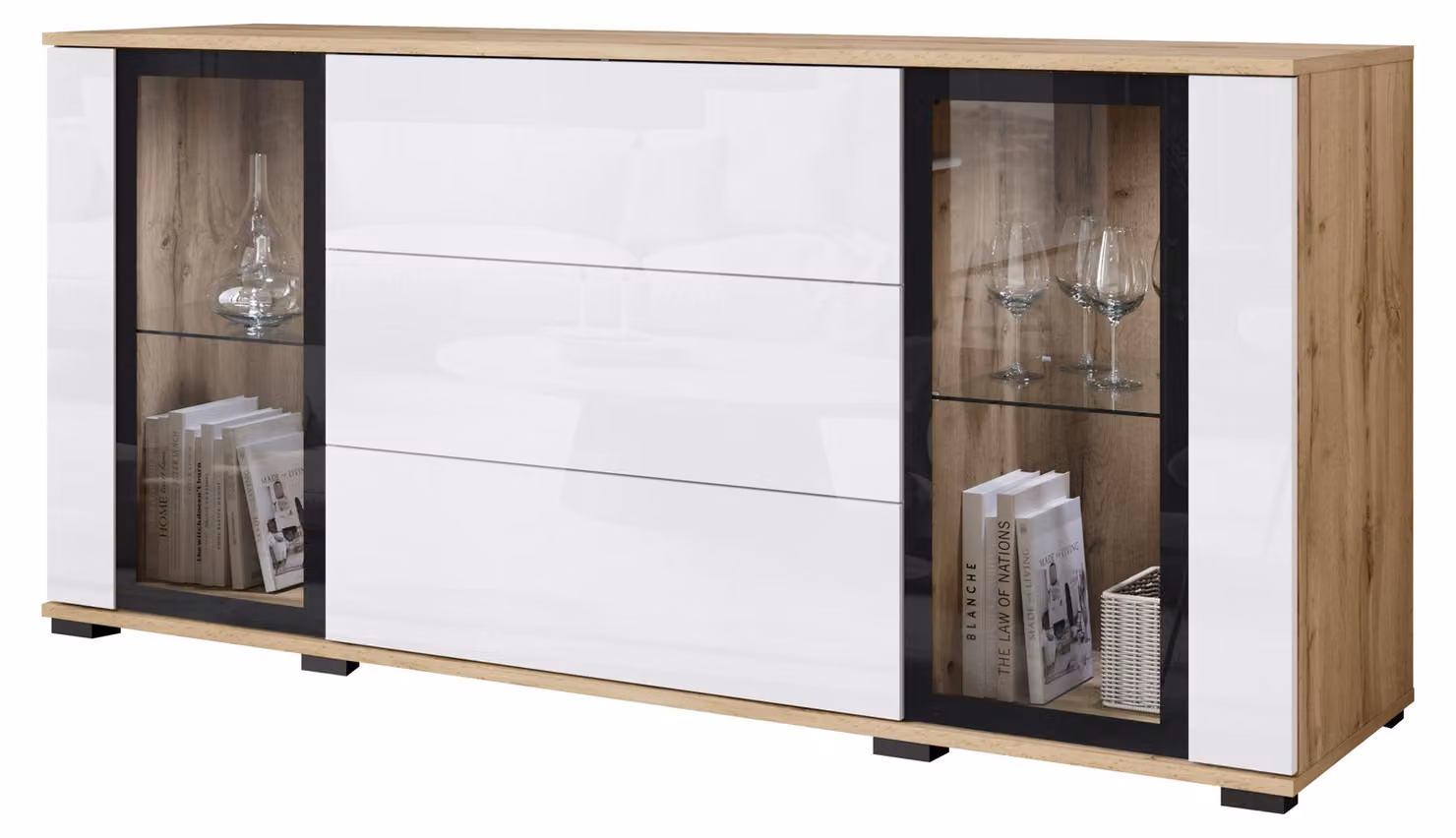 Comò da 150 cm, con vetrina e cassetti, finitura wotan/bianco lucido