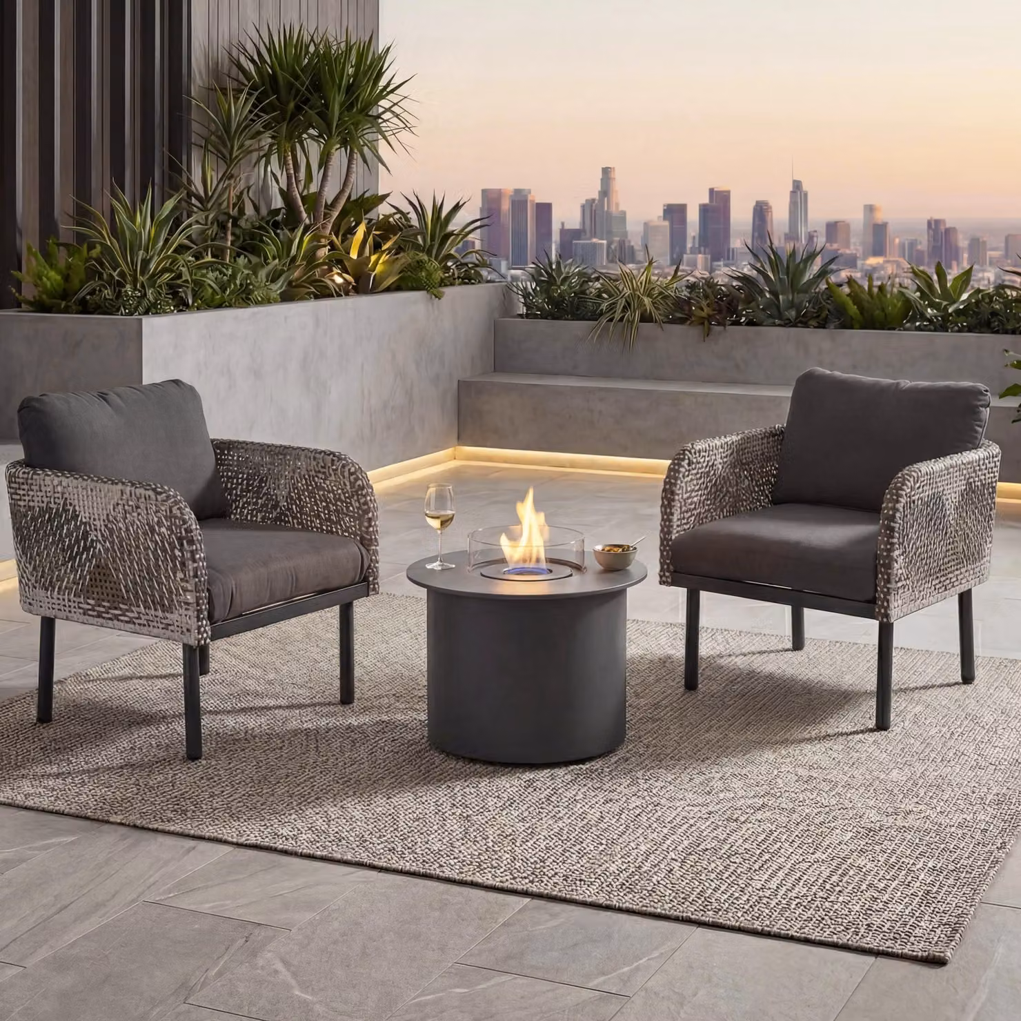 Set in polyrattan MCW-P80, set da giardino con sedie lounge, tavolo con braciere a bioetanolo in alluminio, tessuto 220 g/m² ~ grigio scuro