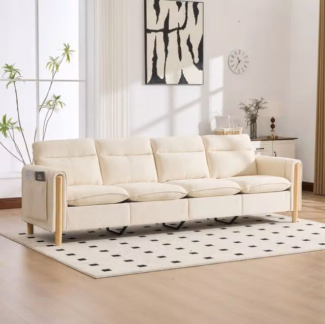 Divano modulare 4 posti con 2 pouf contenitore; chenille beige; gambe in legno massello