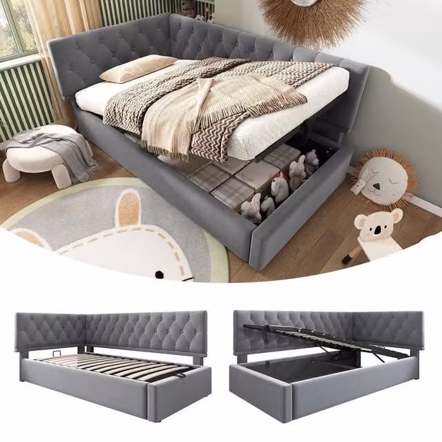 Letto imbottito contenitore ¨C Minimal ¨C grigio velluto 90x190cm rete a doghe in legno idraulico
