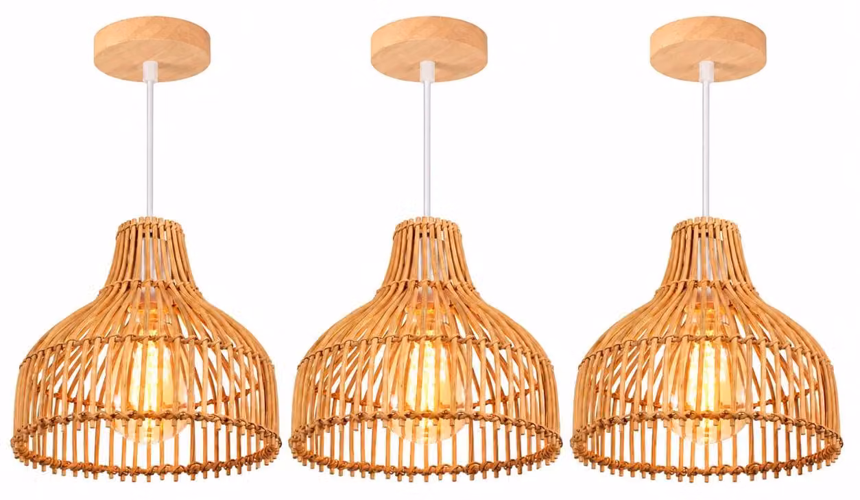 Lampada a sospensione, realizzata in bambù e ferro, da incasso parziale, confezione da 3 pezzi, senza lampadina