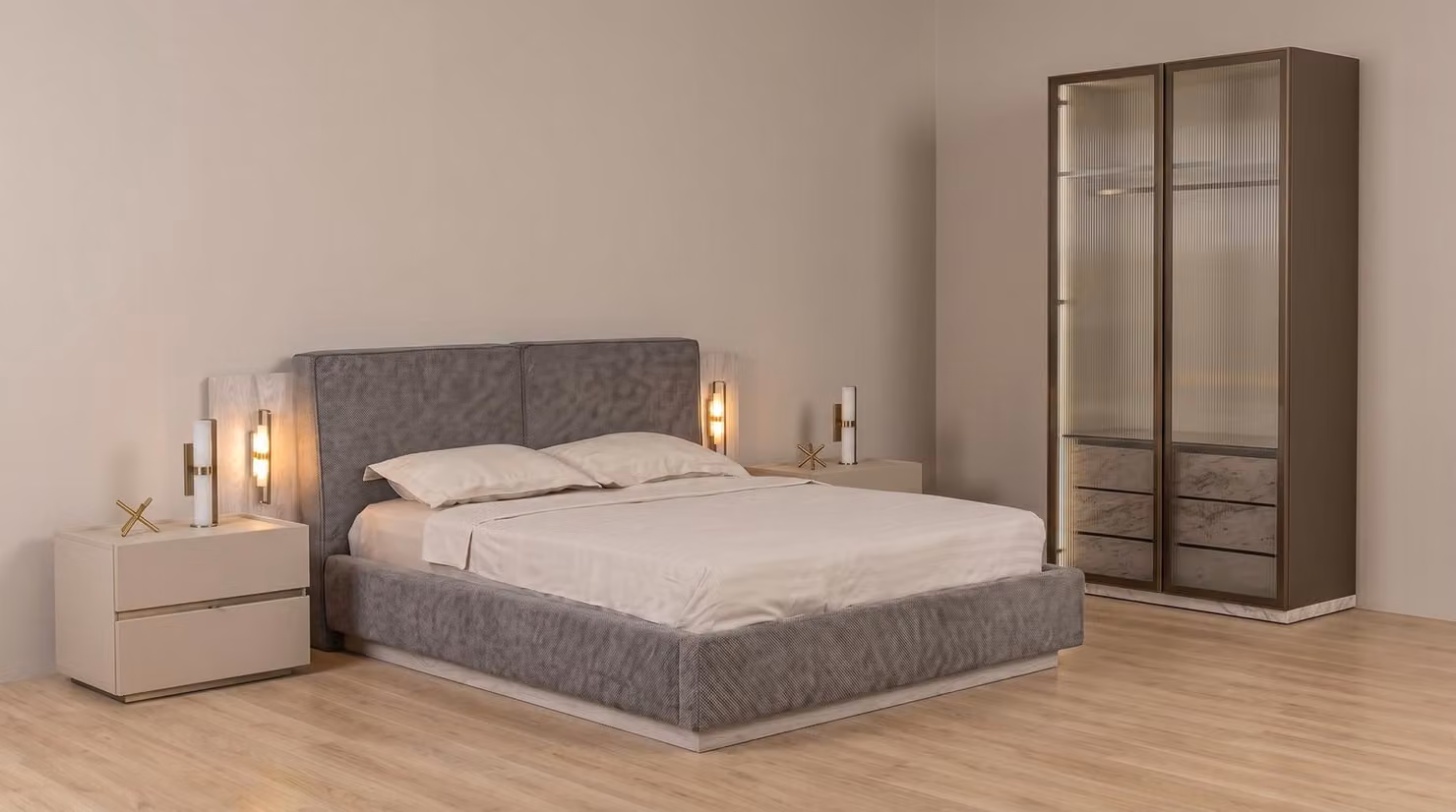 Set moderno per camera da letto, grigio, con letto, due comodini, armadio e sistema di contenimento, stile lussuoso