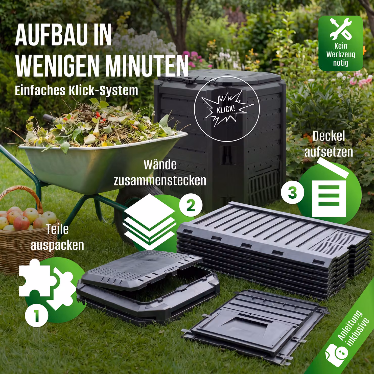 Compostiera da giardino Deuba in plastica nera 800L – 2