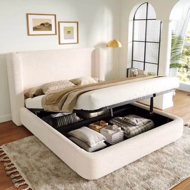 Letto matrimoniale WISHDOR con contenitore e testiera in bouclé beige, L/P/H: 160 x 200 x 220 cm