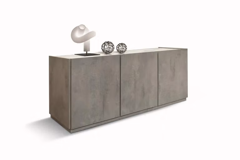 Credenza FAVIGNANA in legno, finitura in grigio cemento, piano effetto marmo statuario, 200×50 cm