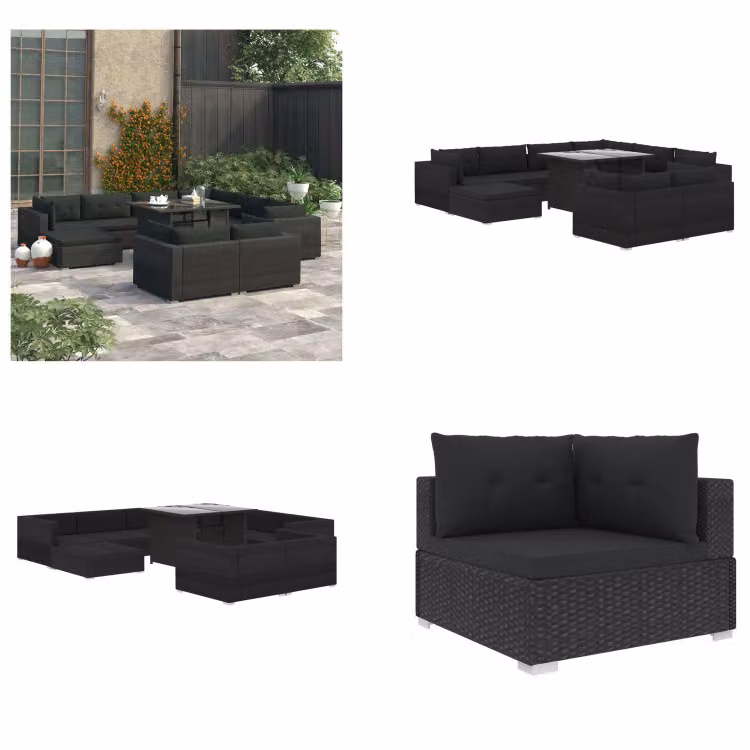 vidaXL 10 pezzi set salotto da giardino con cuscini in poly rattan nero - set salotto da giardino - set salotto da giardino - divano da giardino - divani da giardino