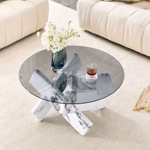 Tavolino da caff¨¨ rotondo moderno con piano in vetro e robusta base di design effetto legno o marmo, diametro circa 79 cm, altezza circa 45 cm, ideale
