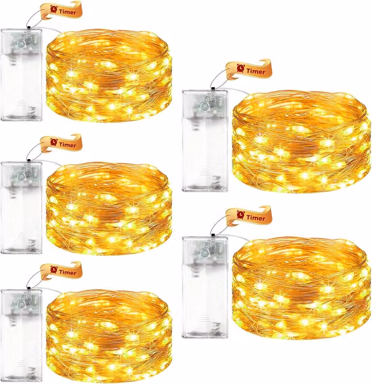 Catena luminosa da 2 metri - 5 luci, ciascuna con 20 LED - Alimentazione a batteria - Con timer - Luce bianco caldo - Ideale per Natale - Adatta per interni ed esterni