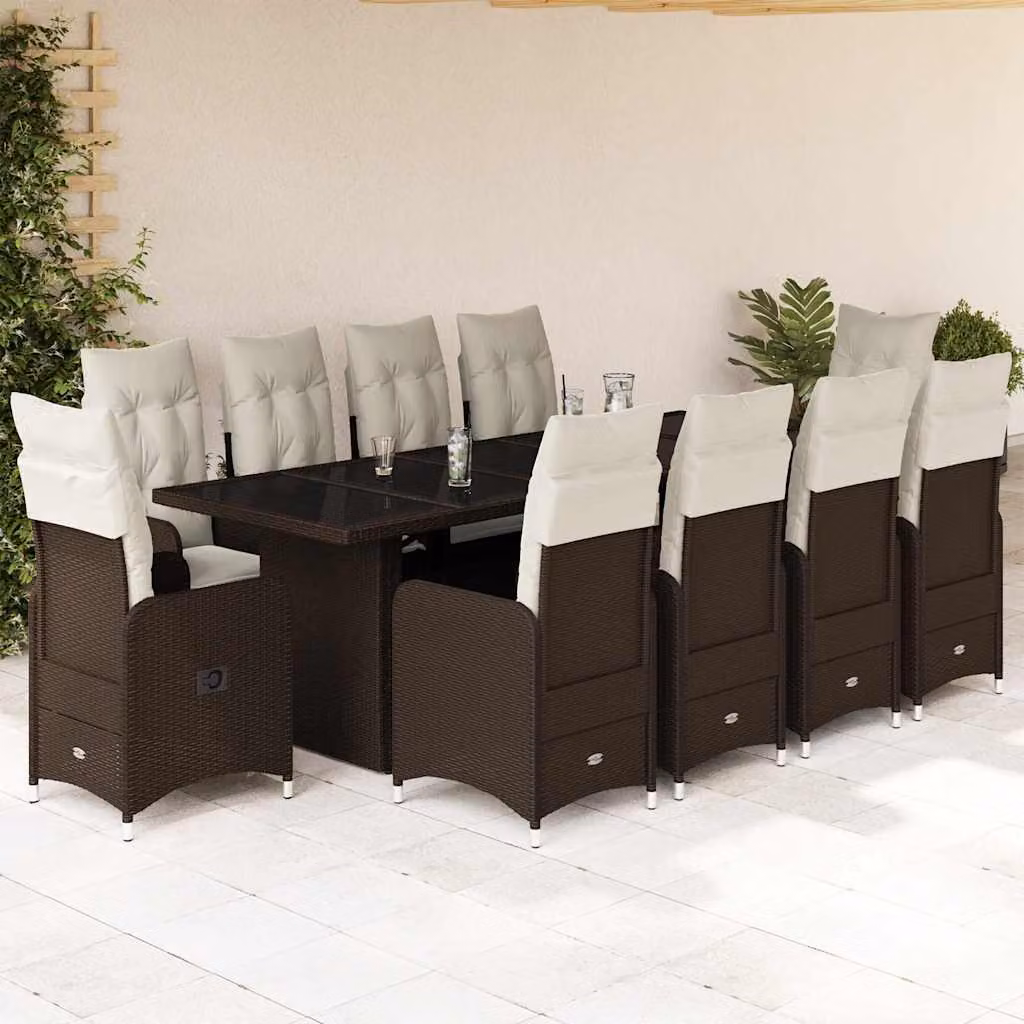 Set Bistrò da Giardino e Balcone vidaXL 11 pz in Polyrattan Marrone con Cuscini Bianchi e Tavolo in Vetro – 1