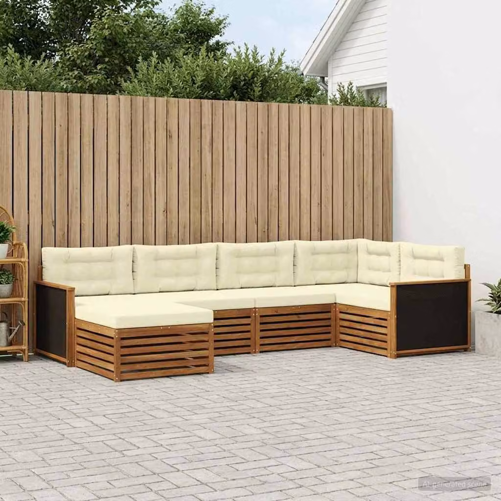 Set di divani da esterno vidaXL 6 pz in legno di acacia con cuscini, forma a L, colori beige, bianco e marrone