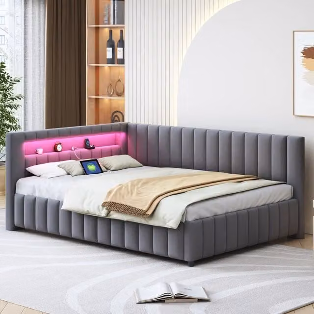 Letto divano 140 × 200 cm con LED regolabile, porta USB, schienale e testiera, senza materasso, velluto grigio