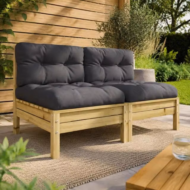 Garden Sofa Without Armrests With Cushions, Pine Wood