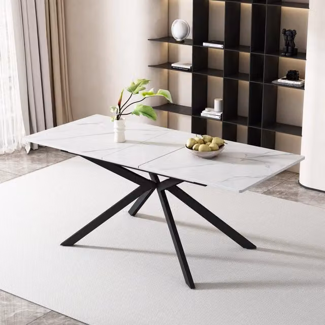 Tavolo allungabile con piano rettangolare e gambe incrociate, per sala da pranzo, in MDF e metallo, nero e bianco