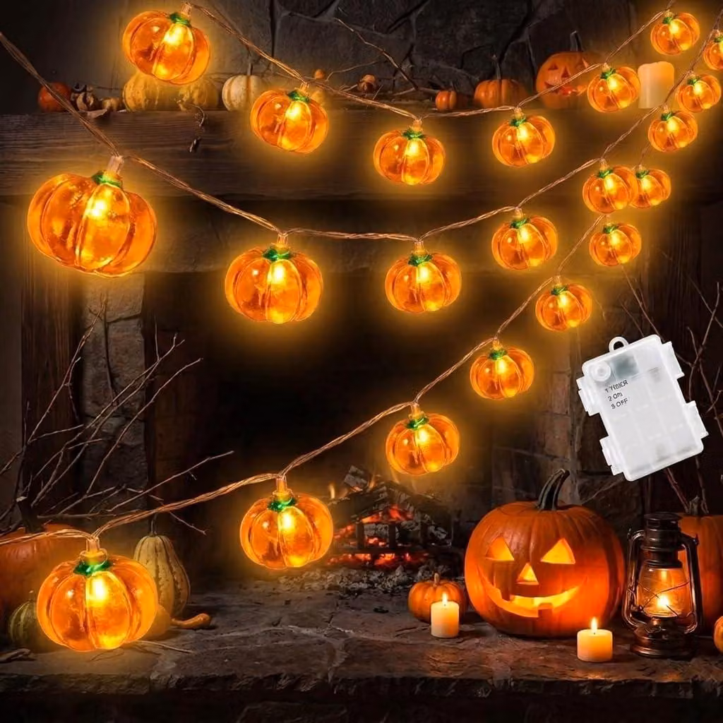 Catena luminosa a forma di zucca, 2 metri, 20 LED, luce bianco caldo, ideale per Halloween