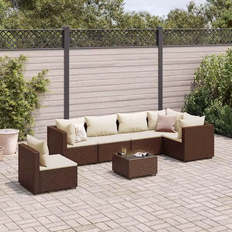 Set Divani da Giardino vidaXL 7 pz con Cuscini e Tavolino in Polyrattan Marrone e Bianco