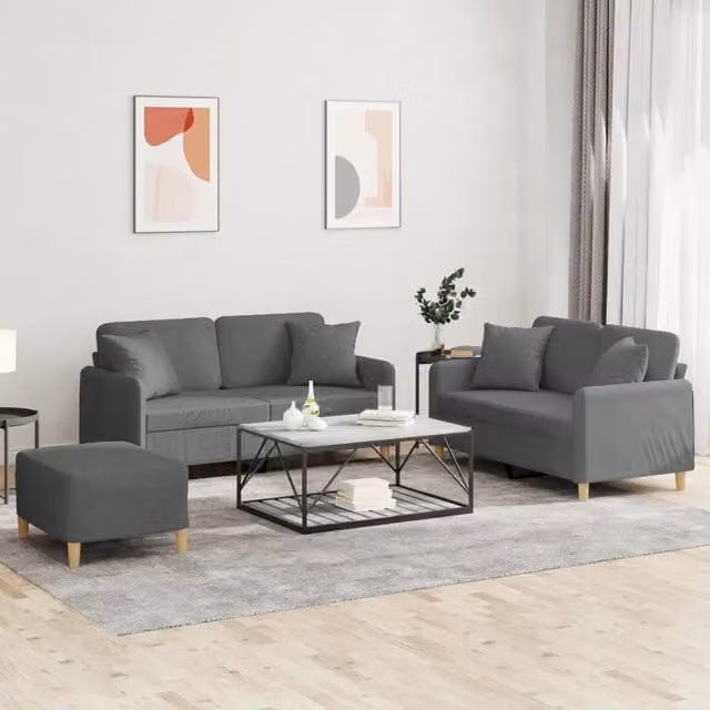 Set di divani 3 pezzi vidaXL in tessuto grigio con cuscini per soggiorno in stile moderno