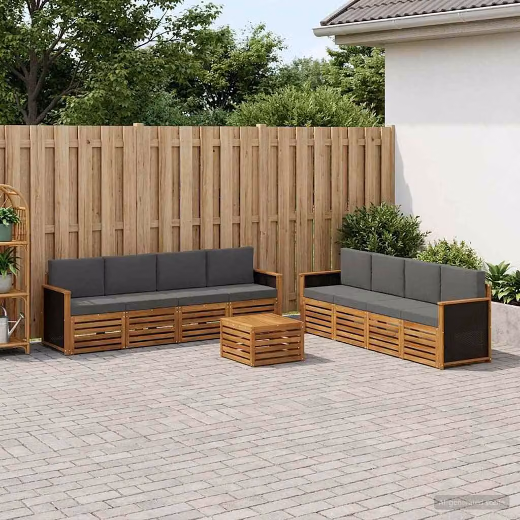 Set di divani da esterno vidaXL a forma di U in legno di acacia con cuscini, 9 pezzi, Beige e Antracite