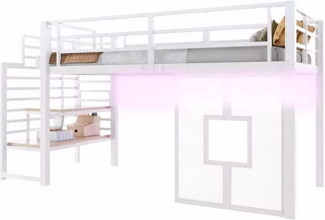 Letto a soppalco singolo REDOM in metallo e MDF bianco con illuminazione LED e scomparti laterali L/P/H: 200 x 90 x 128 cm – 1