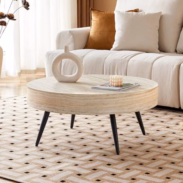 Tavolino da caffè rotondo MINIMAL con piano in MDF effetto travertino beige e gambe in metallo nero, Diametro: 70 cm, Altezza: 35,5 cm