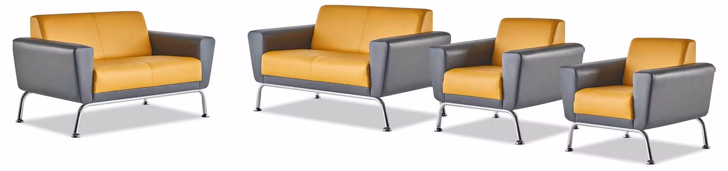 Komplett-Set 2-Sitzer Sessel Gelb Grau Edelstahl Ledersofas Sofa-Set