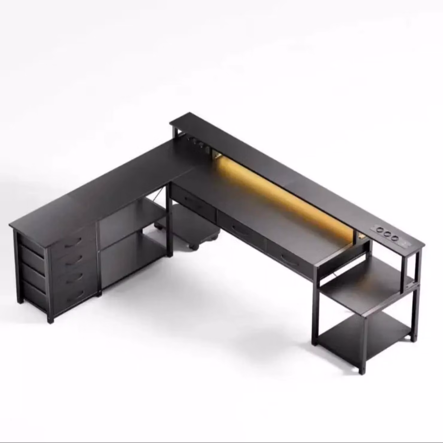 Scrivania - Scrivania per computer - A forma di L - 7 cassetti - Legno - Struttura in metallo - Colore nero