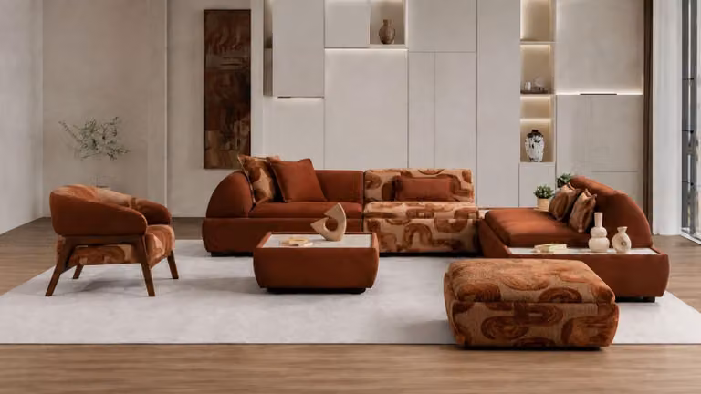 Divano ad angolo a forma di L, poltrona, pouf, tavolino da caffè, colore marrone, stile moderno, confortevole, per il soggiorno