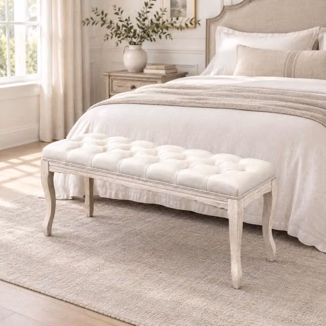 Panca imbottita ULEVR 110x40x48 cm in lino beige con bottoni e gambe in legno di gomma