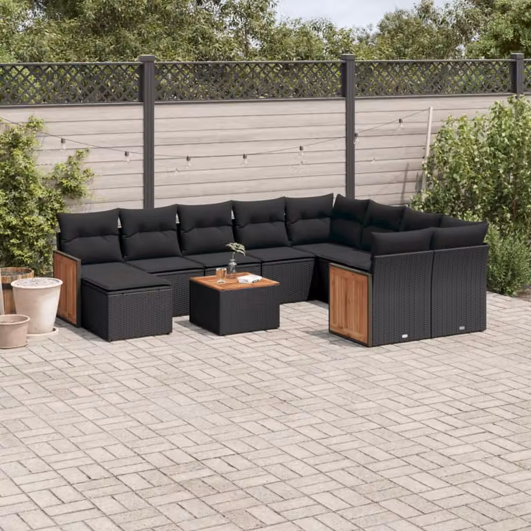 vidaXL Set Divani da Giardino 11 pz in Polyrattan Nero con Cuscini e Tavolino da Esterno