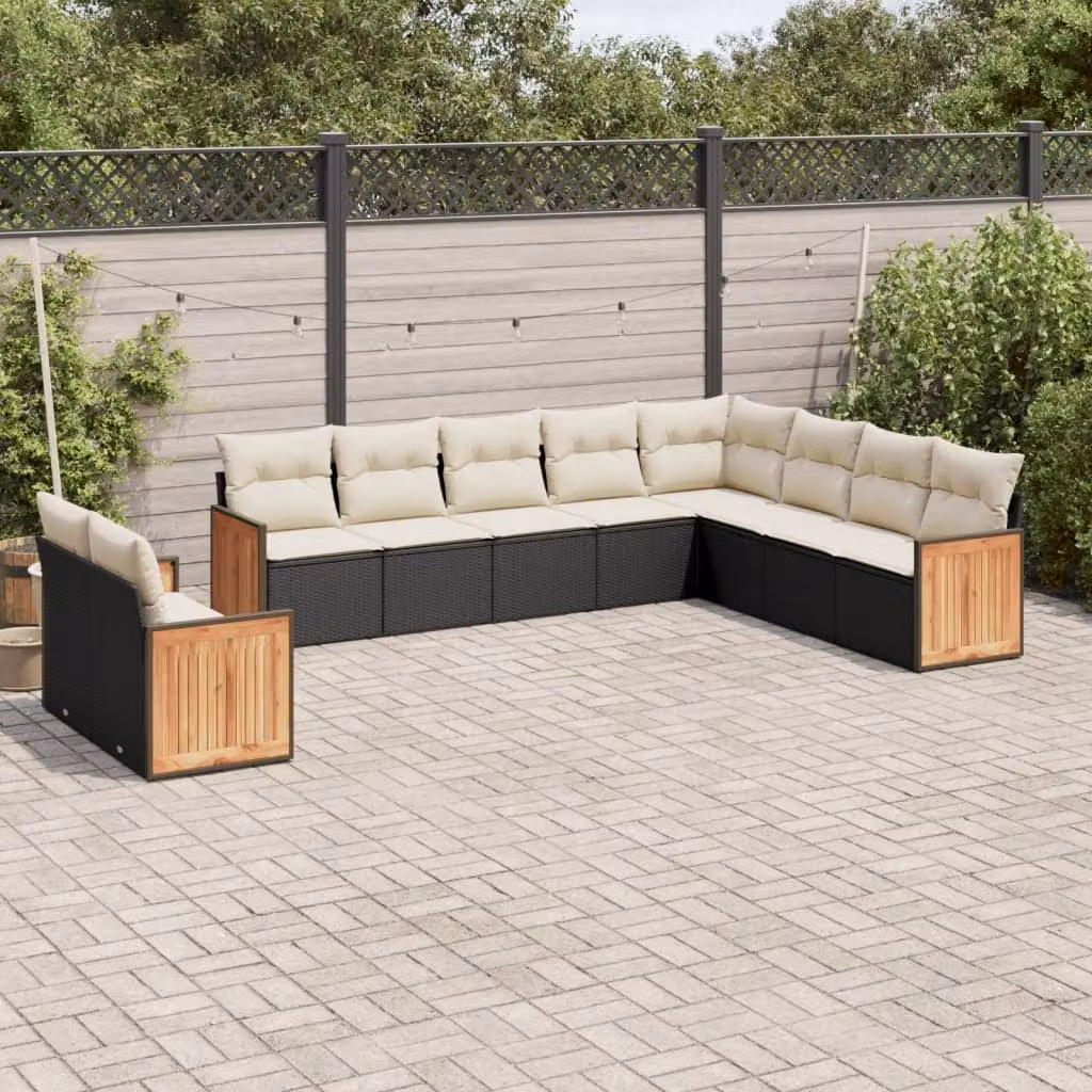 vidaXL Set di Divani da Giardino a Forma di L con Cuscini, Struttura in Metallo e Legno di Acacia, Colore Nero e Bianco – 1