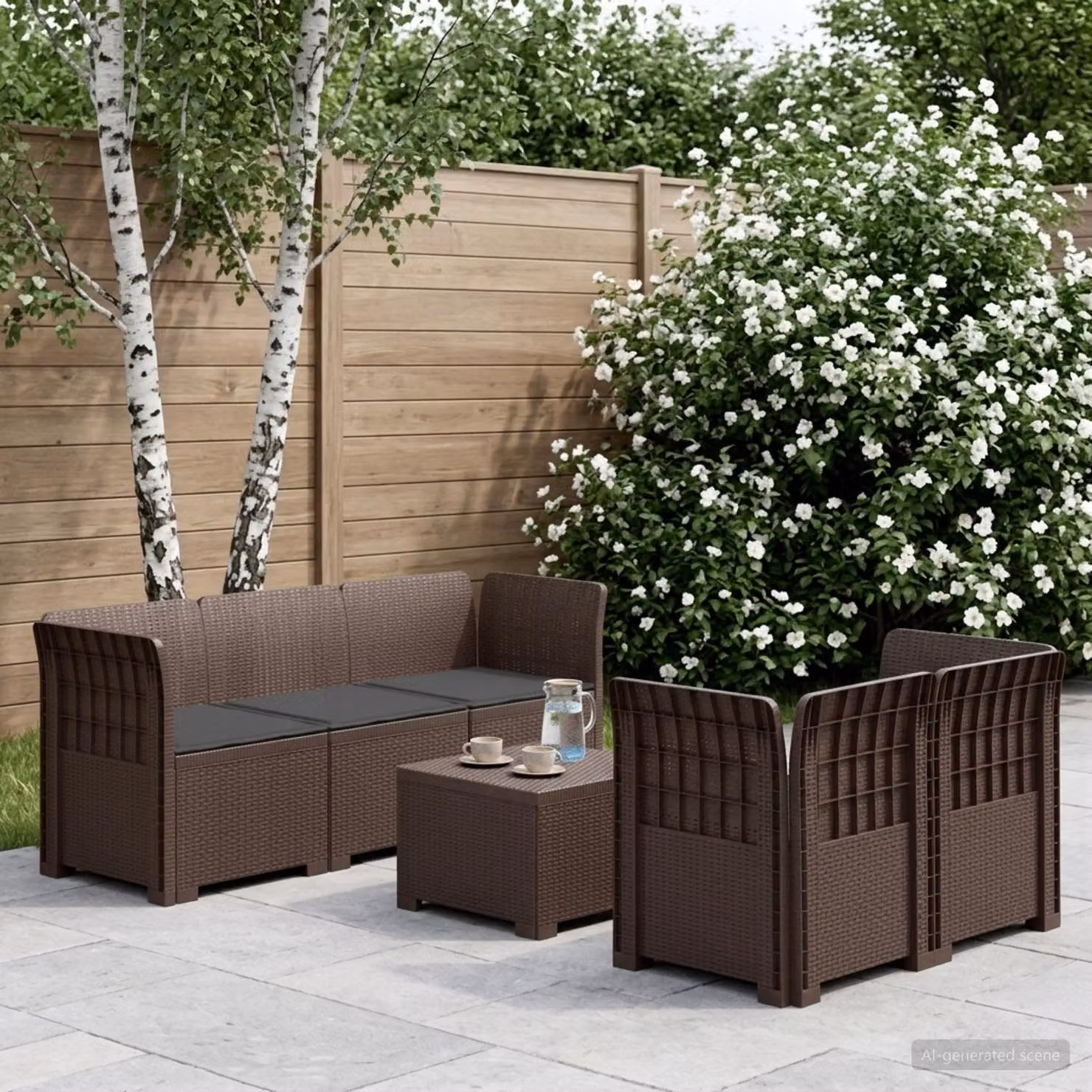 Set da giardino vidaXL a forma di L con divano da 3 posti, elemento angolare, tavolino da caffè e cuscini in polyrattan marrone e antracite