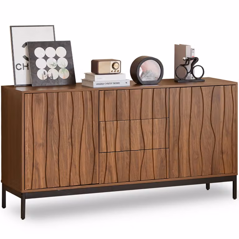 Credenza Credenza retrò Comò antiribaltamento senza maniglie con 2 ante, 3 cassetti, ampio spazio di archiviazione, ripiani regolabili, protezione antiurto