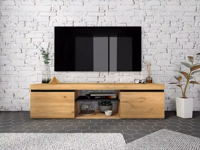 Mobile TV SKRAUT HOME modello Naturale RF890 per soggiorno con 2 porte e 2 comparti, colore Rovere e nero, L 140 cm x P 40 cm x H 41 cm – 1