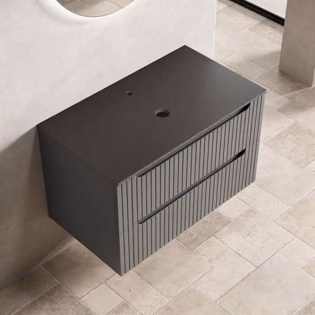 Mobile sottolavabo sospeso in compensato con piano in pietra sinterizzata effetto marmo per bagno grigio scuro