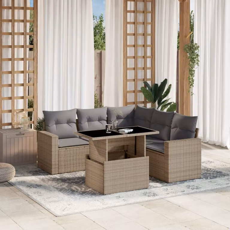 vidaXL Set Divano da Giardino a L 6 pz in Polyrattan con Cuscini Beige e Tavolino da Esterno