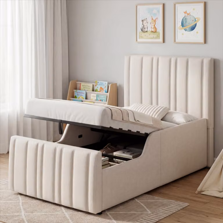Letto idraulico imbottito Flieks 90x200 cm con contenitore, lettino singolo per bambini con protezione anticaduta, letto a castello per ragazzi con contenitore e rete a doghe, lino, beige