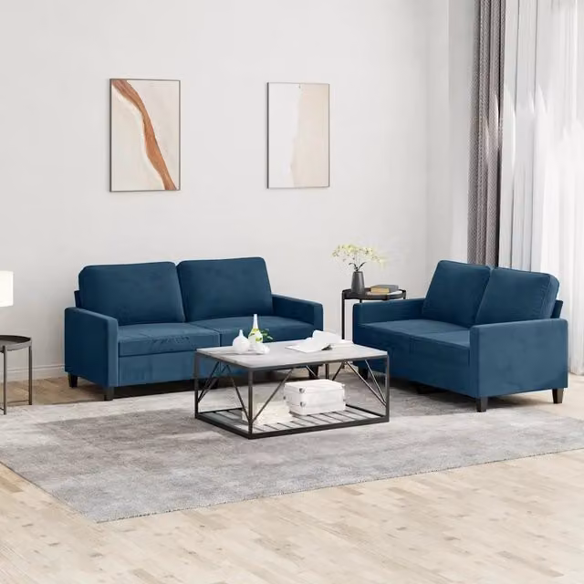 Set di 2 divani moderni vidaXL in velluto blu con cuscini e struttura in metallo e MDF