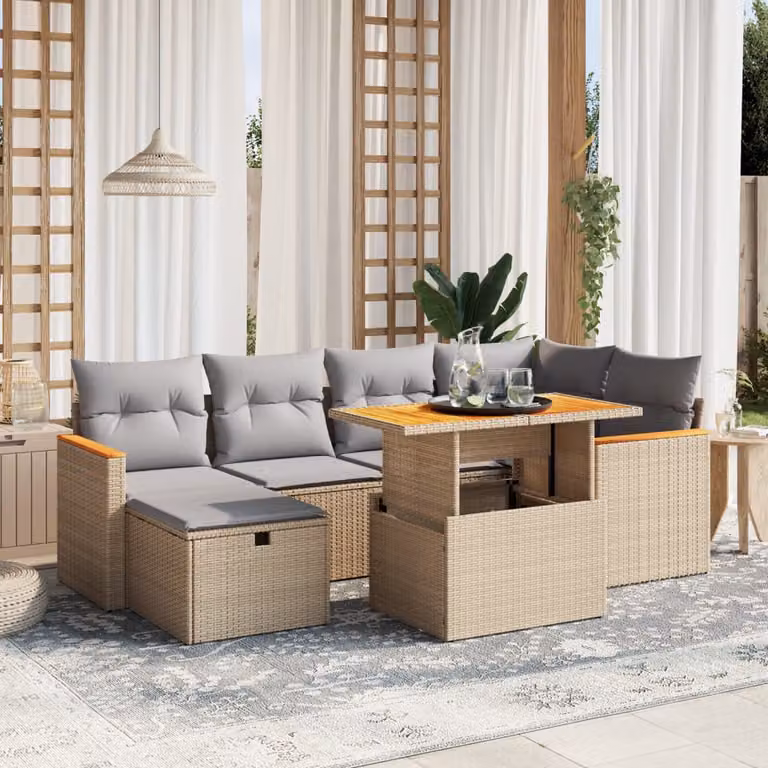 vidaXL Set Divani da Giardino 7 pz con Cuscini Beige e Tavolino, Design Moderno in Polyrattan e Legno di Acacia