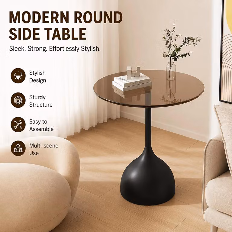 Tavolino rotondo – Tavolino da divano – Piano in vetro temperato – Struttura in metallo – Altezza 59 cm – Design moderno minimalista – Colore: nero