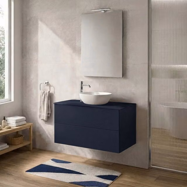 Mobile bagno sospeso Tierra blu con due cassetti e finitura opaca L: 100 cm, P: 50 cm, H: 45 cm