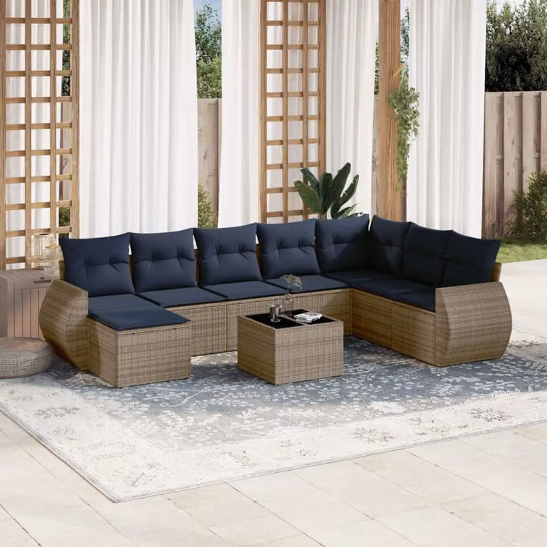 Set di divani da giardino vidaXL in polyrattan grigio con 9 pezzi e cuscini inclusi