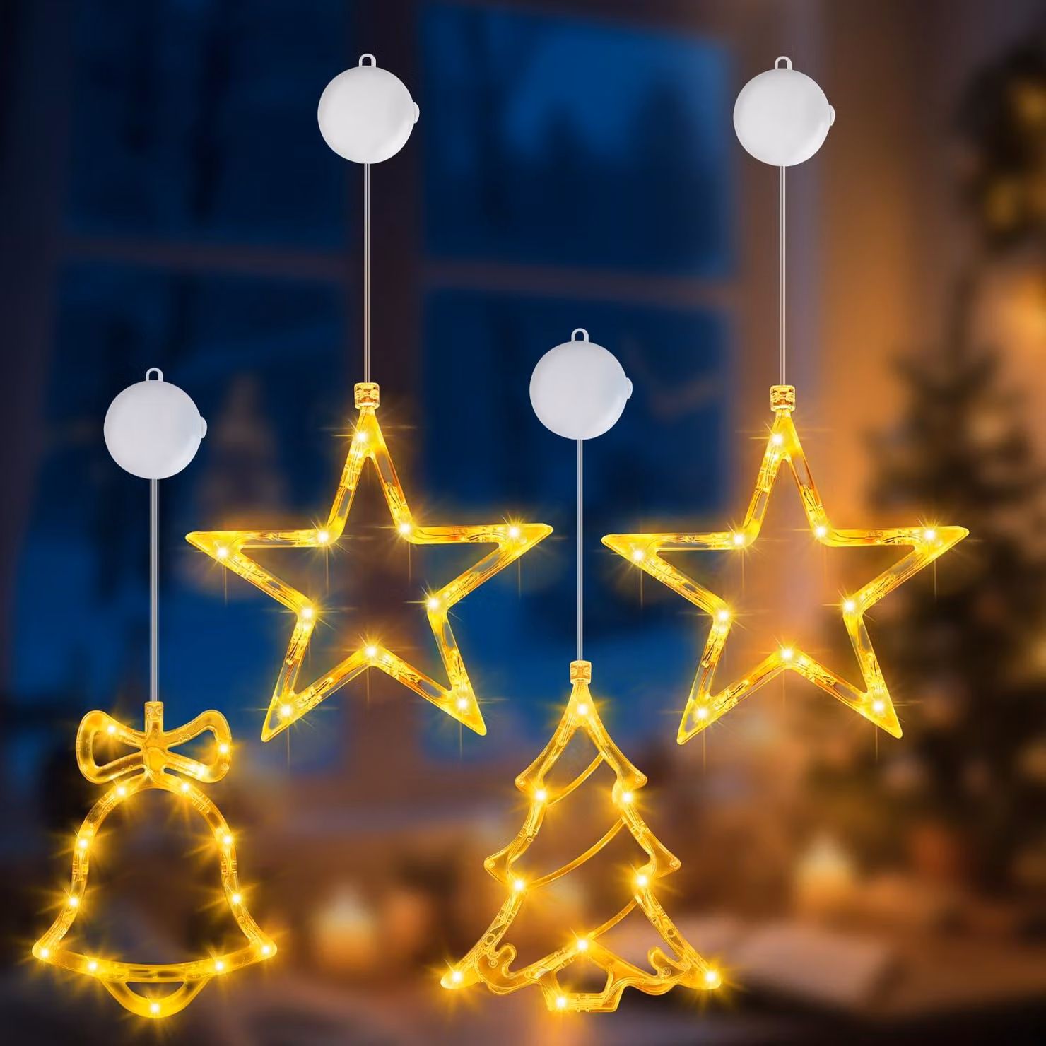 Set di 4 decorazioni a LED per finestre: stelle, albero, campana, con timer