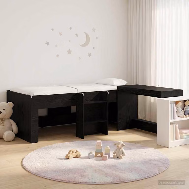 Letto a soppalco esclusivo con scrivania per bambini, finitura nera effetto legno di quercia